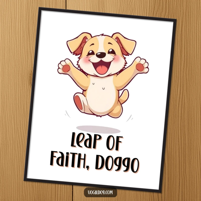 Funny Free Printable Wall Art: A happy dog is depicted mid-air, jumping with ecstatic energy, paws everywhere.