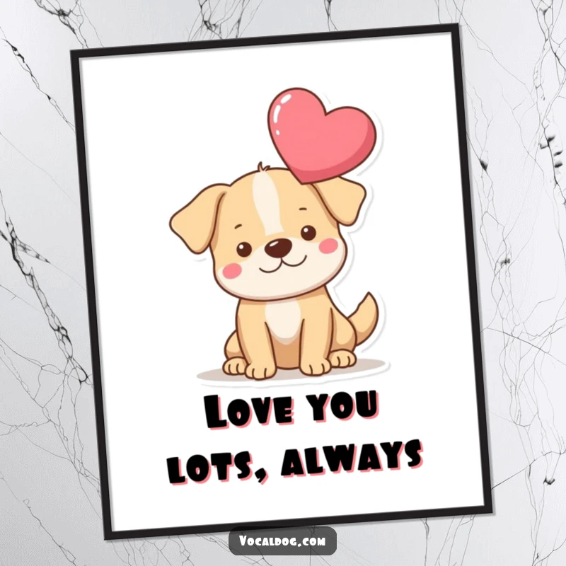 Funny Free Printable Wall Art: A dog proudly presents a single, large, floating heart above its head, embodying pure love and affection. Downloadable.