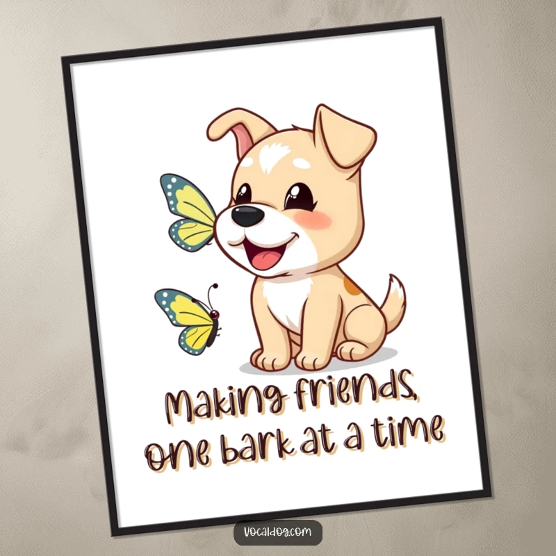 Funny free printable wall art depicting a dog cheerfully barking at a butterfly.