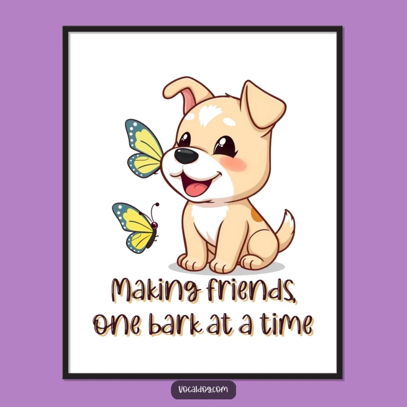 Free Printable Wall Art: Dog Barks Happily at Butterfly Friend