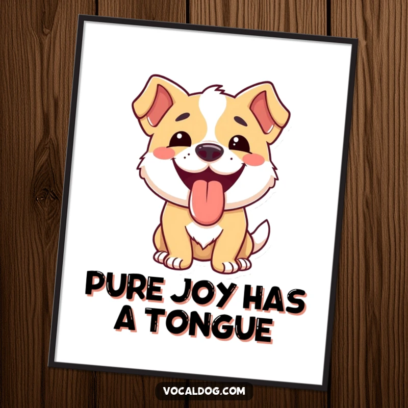 Funny free printable wall art of a dog smiling widely with its tongue hanging out.