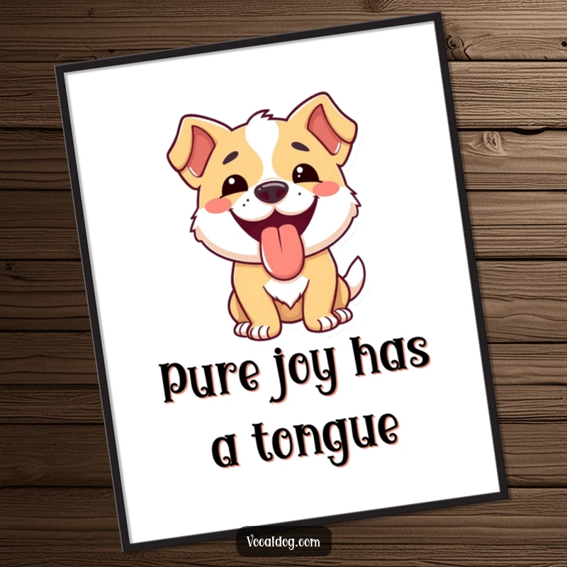 Funny free printable wall art of a dog smiling widely with its tongue hanging out.