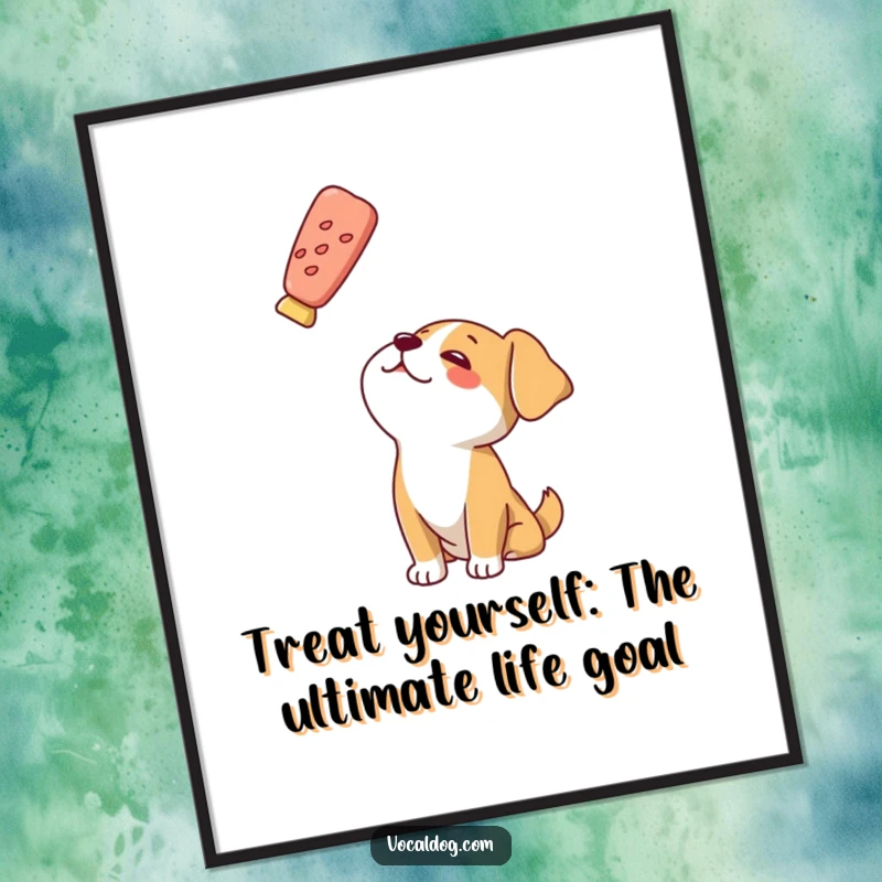 Funny Free Printable Wall Art: A dog looking up with unwavering adoration at a floating treat, capturing a moment of pure desire.