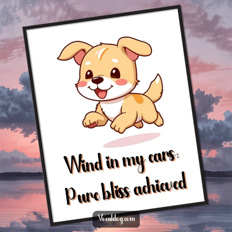Funny Free Printable Wall Art: A dog is captured mid-run, joyful and free, with ears flapping exuberantly in the wind.