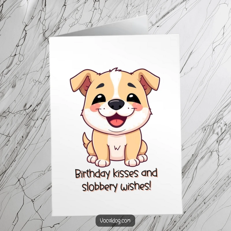 Funny Free Printable birthday card showing a dog with a wide, charming smile, leaning in for a big slobbery kiss.