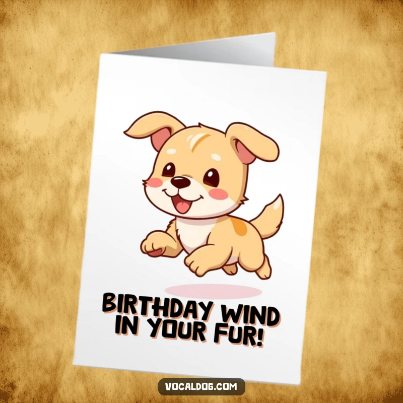 Funny Free Printable Birthday Card: Dog running with ears flapping joyfully in the wind, embodying pure freedom.