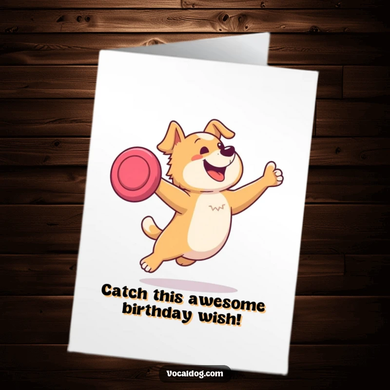 Funny Free Printable Birthday Card of a dog leaping high to catch a frisbee with pure excitement.