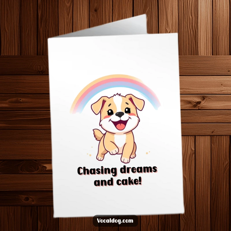 Funny Free Printable Birthday Card featuring a joyful puppy with a beaming smile chasing a vibrant rainbow, spreading pure happiness.
