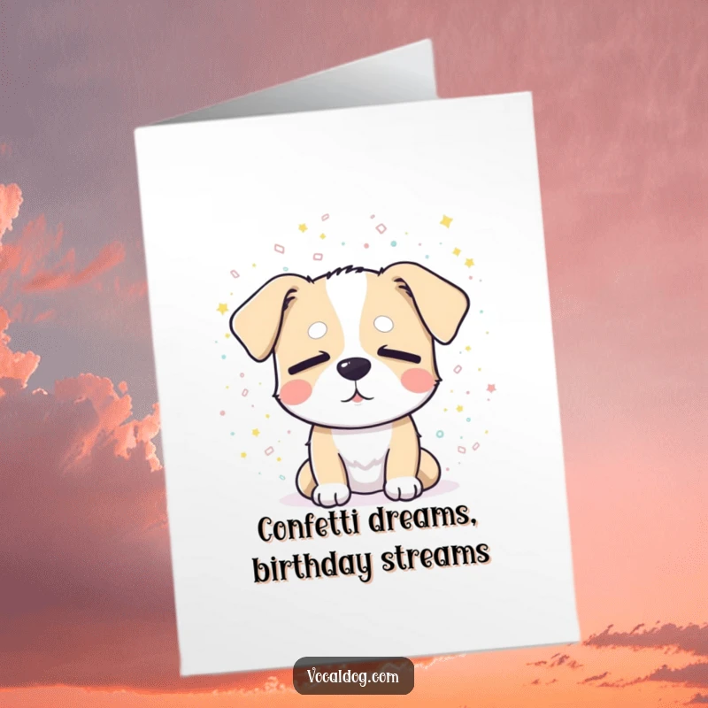 Funny Free Printable Birthday Card: Dog blissfully eyes closed in falling confetti. A joyous downloadable gift.