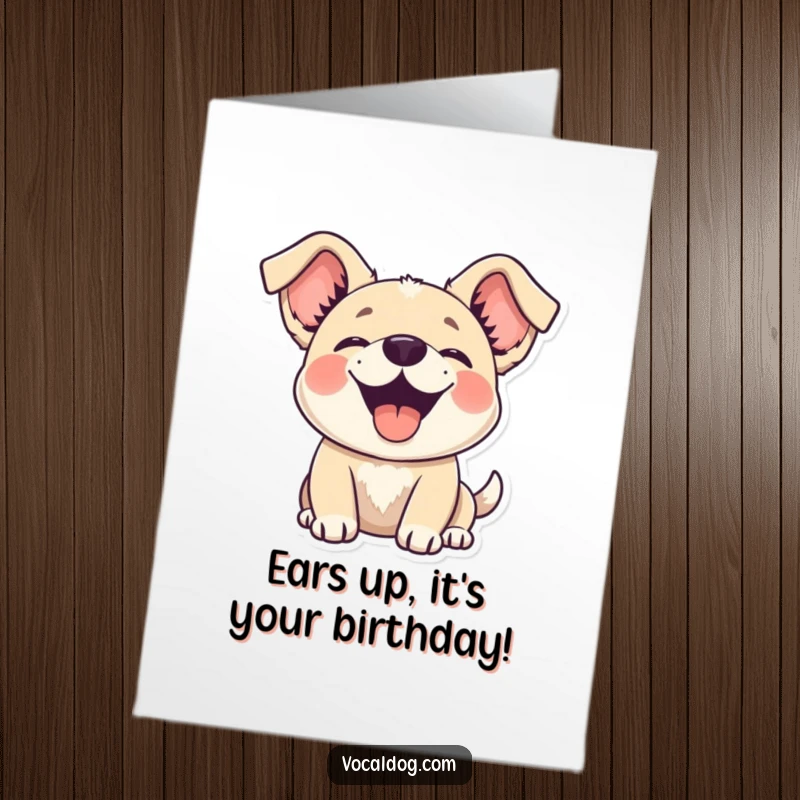 Funny Free Printable Birthday Card: A happy dog with its long ears flopping joyfully upwards, radiating pure excitement.