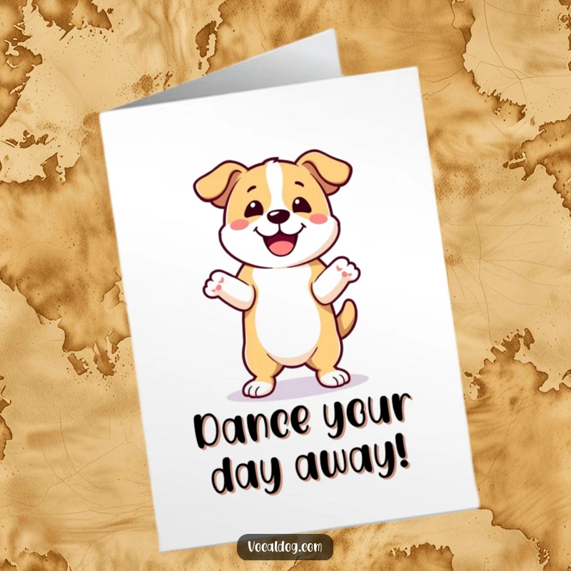 Funny Free Printable Birthday Card: A dog is captured mid-happy dance, lifting its front paws with pure, celebratory exuberance. Downloadable.