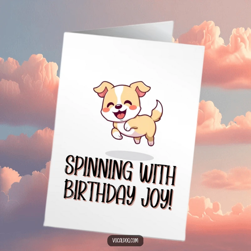 Funny Free Printable birthday card showing a dog gleefully spinning in a circle, playfully chasing its own wagging tail.