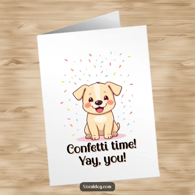 Funny Free Printable Birthday Card: An ecstatic dog joyfully experiences a shower of colorful confetti, celebrating in style. Downloadable and fun.