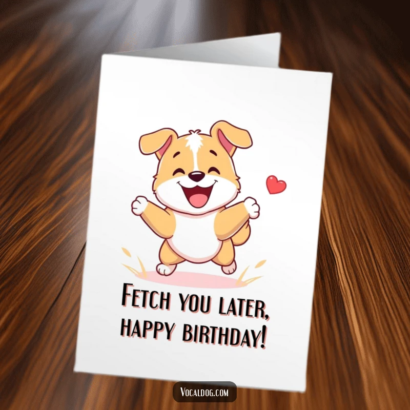 Funny Free Printable Birthday Card: A dog with a huge grin is leaping to catch a ball during a game of fetch.