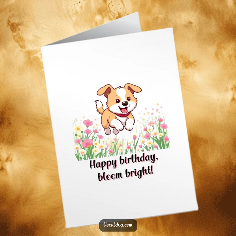 Funny Free Printable Birthday Card showing a dog joyfully bounding through a vibrant field of colorful flowers.