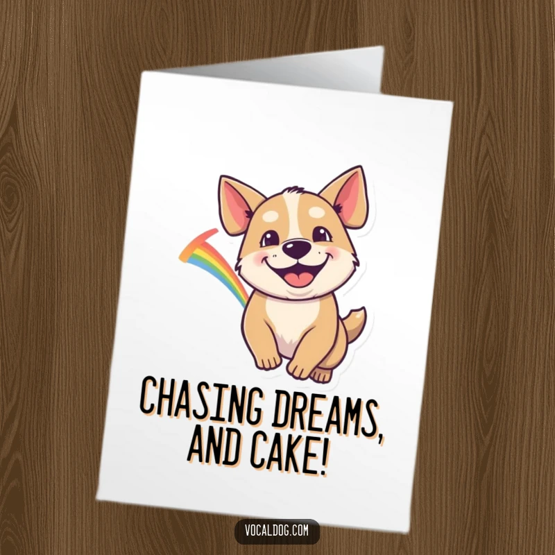 Funny Free Printable Birthday Card: a dog with a huge goofy grin joyfully chasing a vibrant rainbow across a colorful sky.