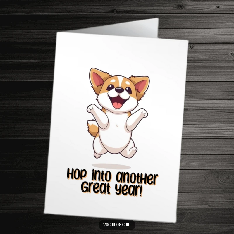 Funny Free Printable Birthday Card: A happy dog mid-air, bouncing with extreme joy and a look of utter elation, celebrating their special day.