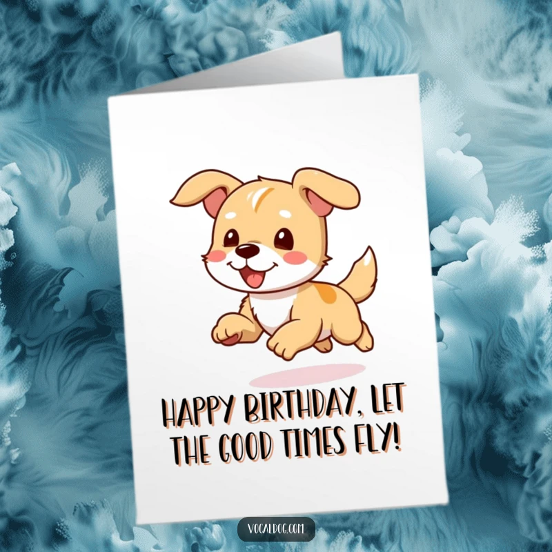 Funny Free Printable Birthday Card: A dog runs at full speed, ears flapping joyfully in the wind, expressing pure happiness.