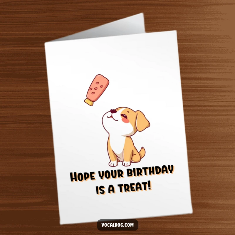 Funny Free Printable Birthday Card: A dog stares up with intense adoration at a delicious floating treat, dreaming of delight.