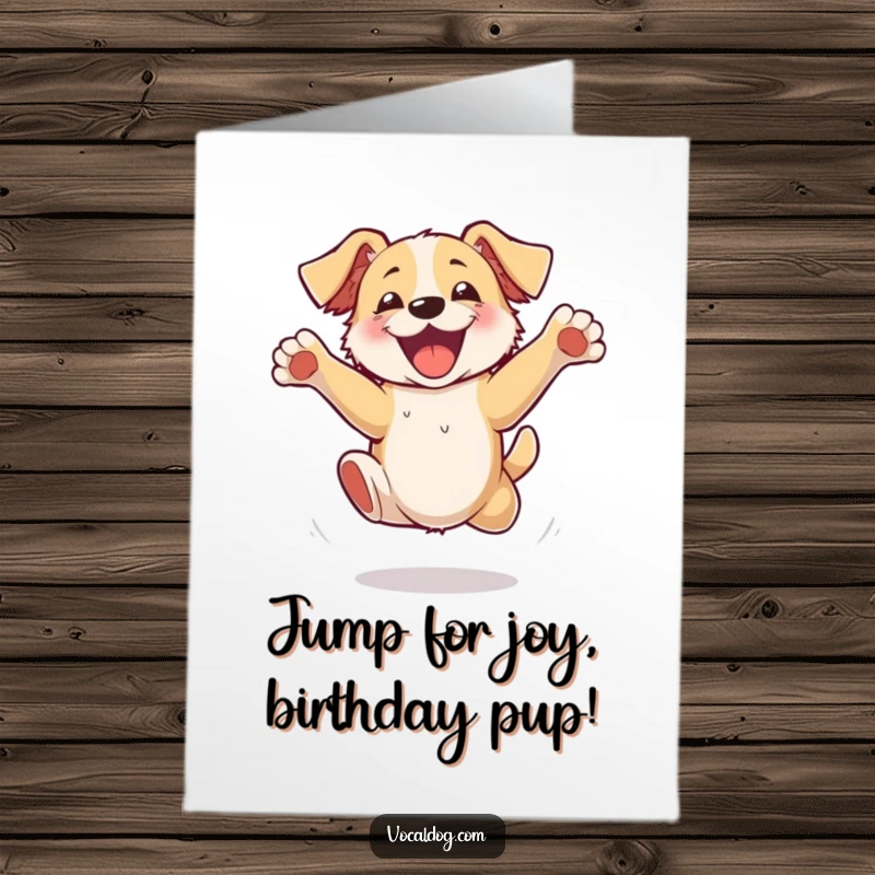 Funny Free Printable Birthday Card: A dog leaps mid-air with paws flailing joyfully, embodying birthday excitement.