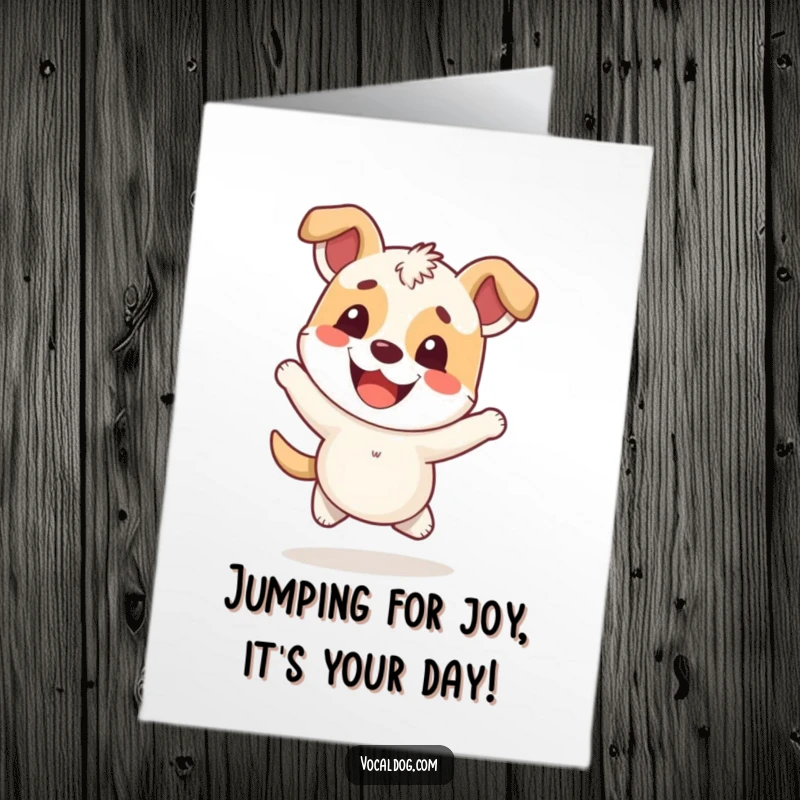 Funny Free Printable Birthday Card: A super cheerful dog caught mid-hop, radiating pure celebratory happiness.