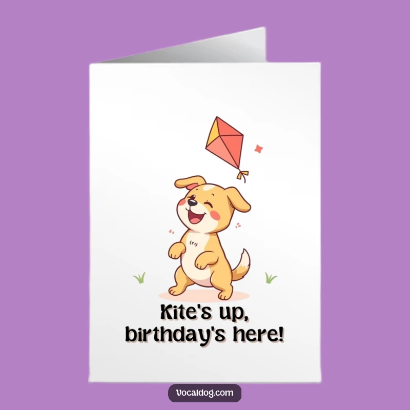 Free Printable Birthday Card: Ecstatic Dog with Kite Funny Downloadable Gift