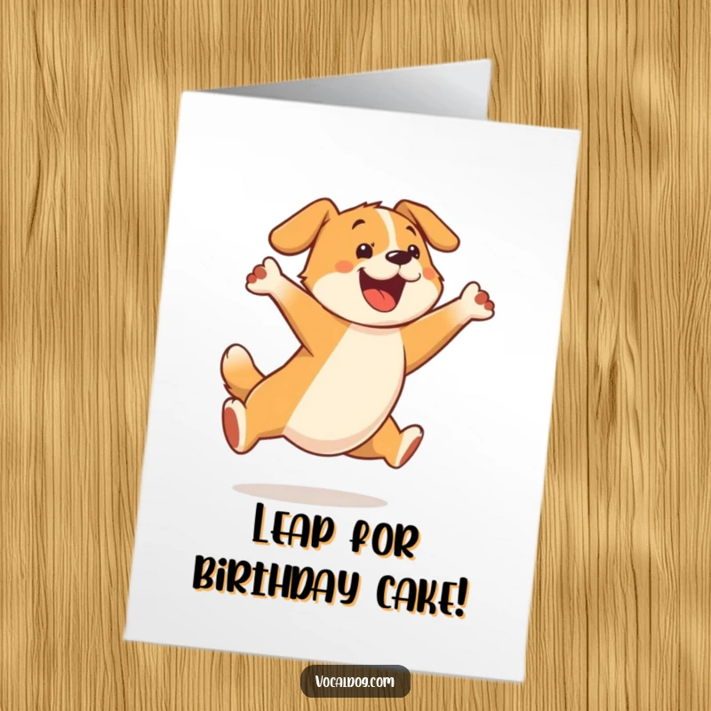 Funny Free Printable Birthday Card: A dog character leaping high in the air, tail wagging, with an expression of pure delight.
