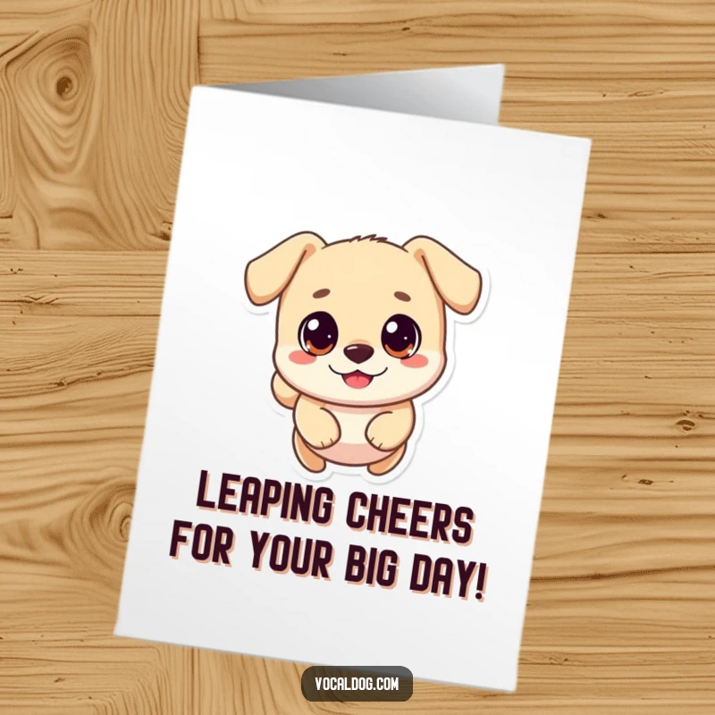 Funny Free Printable Birthday Card showing a small, round dog with big eyes leaping happily for a birthday celebration.