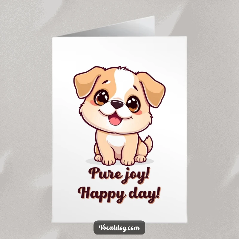 Funny Free Printable Birthday Card: A dog with intensely sparkling eyes and an uncontrollably wagging body expresses pure birthday excitement. Downloadable.