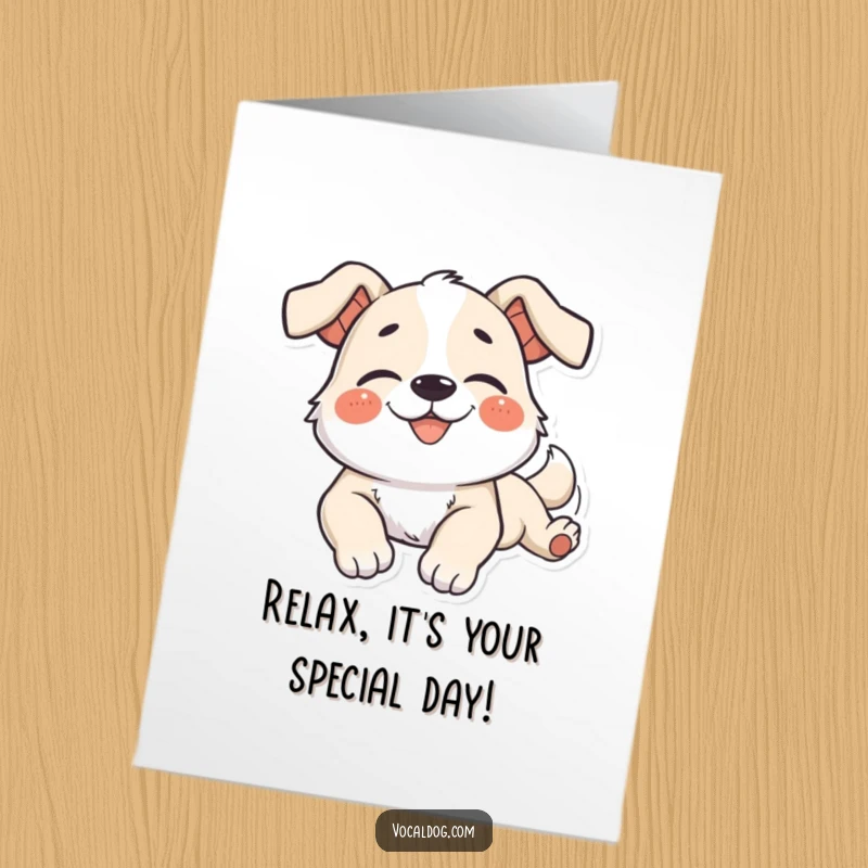 Funny Free Printable Birthday Card featuring a dog character stretching languidly with a wide, blissful smile of pure contentment.