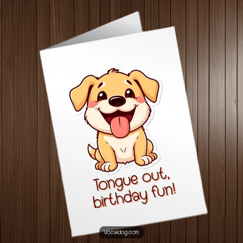 Funny Free Printable birthday card of a dog with a wide, beaming grin and its tongue out, celebrating joyfully.