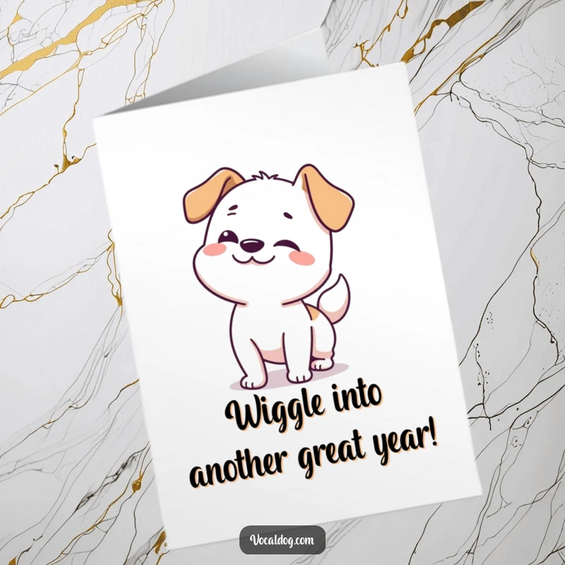 Funny free printable birthday card of a dog wiggling happily from nose to tail.