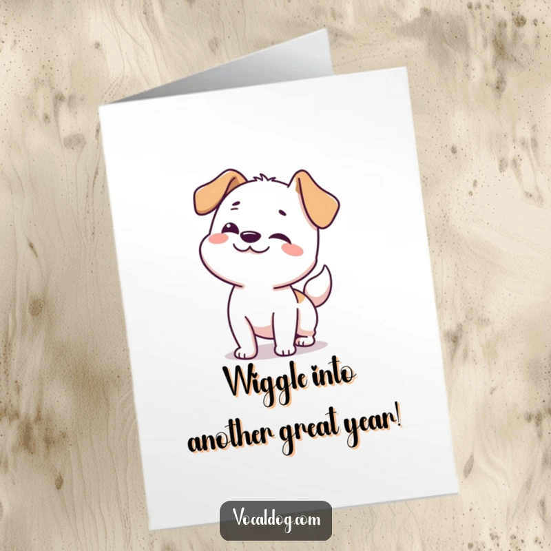 Funny free printable birthday card of a dog wiggling happily from nose to tail.