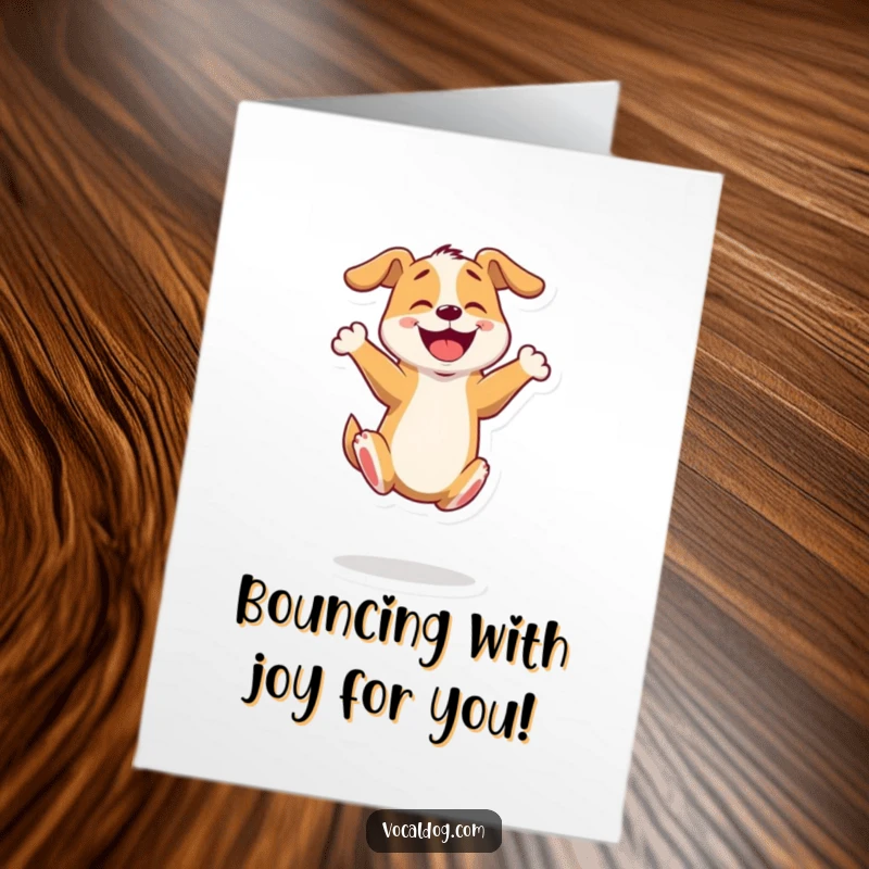 Funny Free Printable Congrats Card: Enthusiastic dog bouncing on hind legs, celebrating a big win. A downloadable gift of pure excitement.