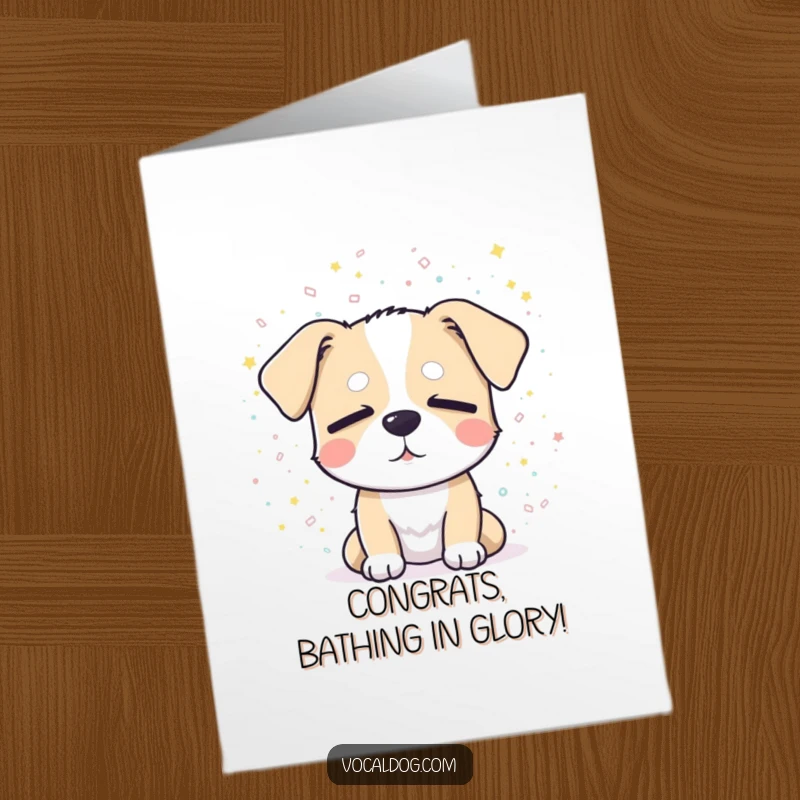 Funny Free Printable Congratulations Card: Dog eyes closed, covered in sparkling confetti. A celebratory downloadable gift.