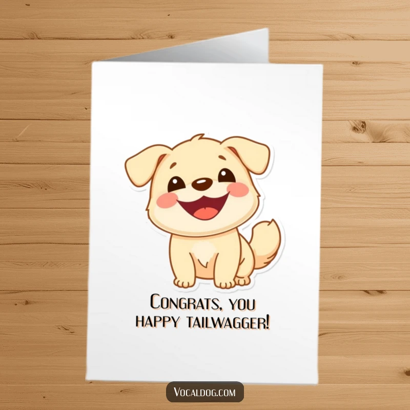 Free Printable congratulations card showing a dog with a wide, happy smile and a tail wagging enthusiastically in celebration.