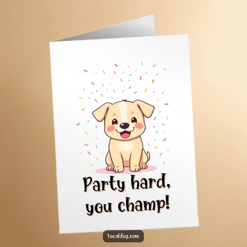 Funny Free Printable Congratulations Card: A jubilant dog revels in a confetti explosion, perfectly capturing celebratory excitement. Downloadable art.