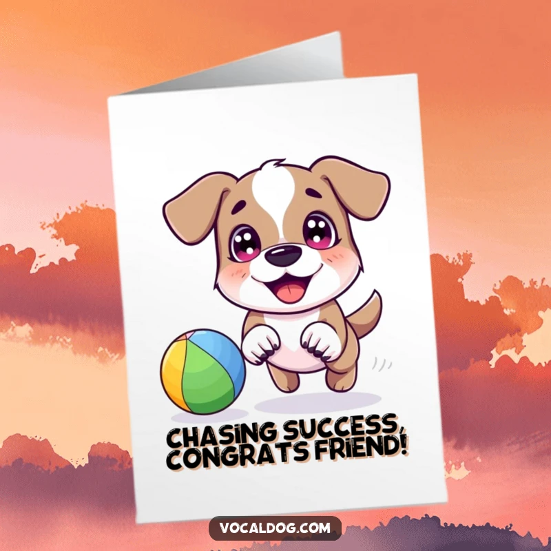 Funny Free Printable Congratulations Card: A dog with sparkling eyes gleefully chasing a colorful rainbow ball.