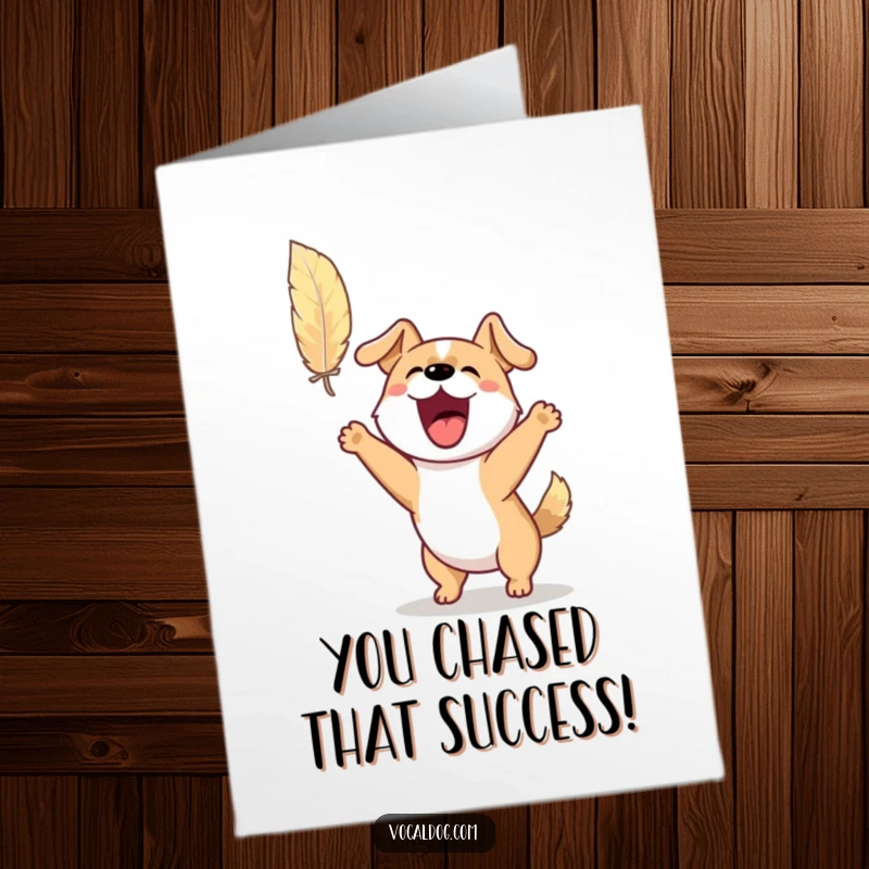 Funny Free Printable Congrats Card depicting an excited dog barking and leaping towards a delicate floating feather.