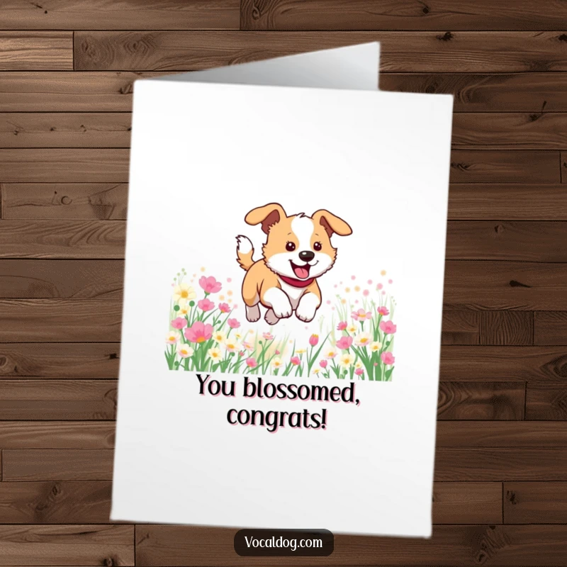 Funny Free Printable Congratulations Card depicting a dog gleefully bounding through a beautiful field bursting with flowers.
