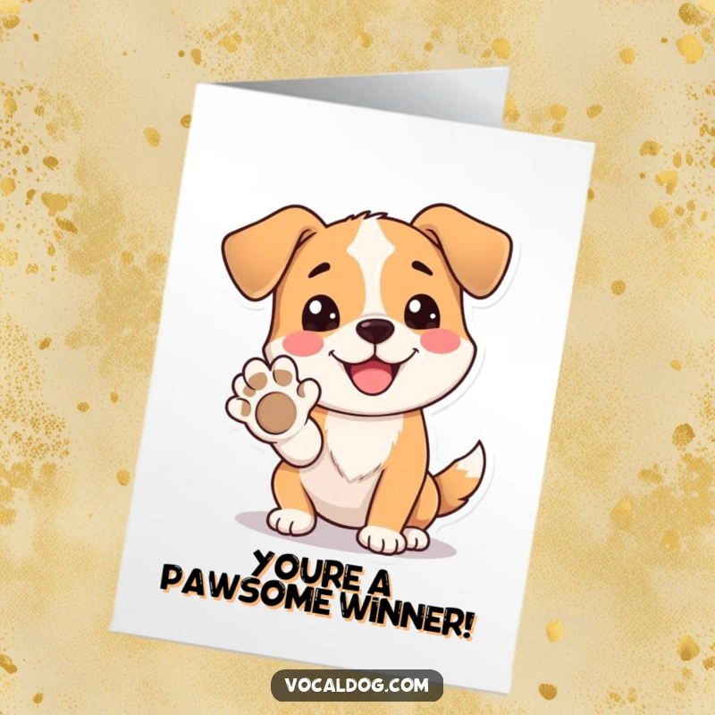 Funny Free Printable Congratulations Card showing a dog extending its paw with a huge, happy smile.