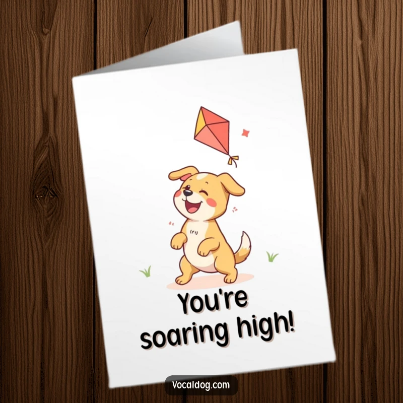 Funny Free Printable Congrats Card: Ecstatic dog joyfully flying a kite, celebrating wins with pure excitement.