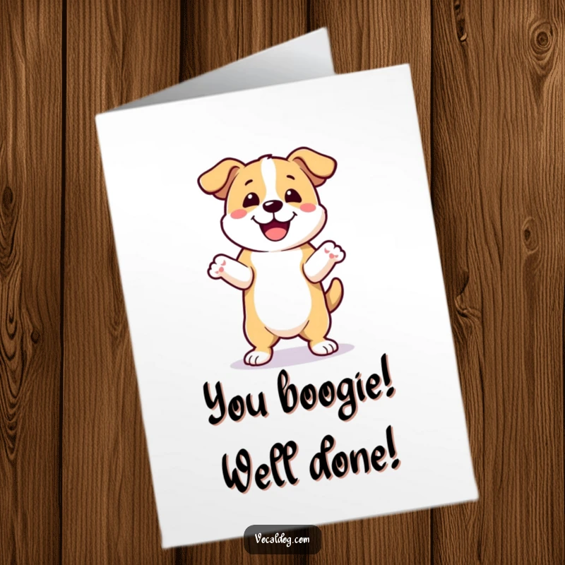 Funny Free Printable Congratulations Card: A dog joyfully performs a happy dance, lifting its front paws in a display of pure celebration. Downloadable art.