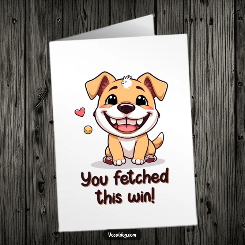Funny Free Printable Congratulations Card features a dog with a massive grin playing fetch, a unique downloadable art.