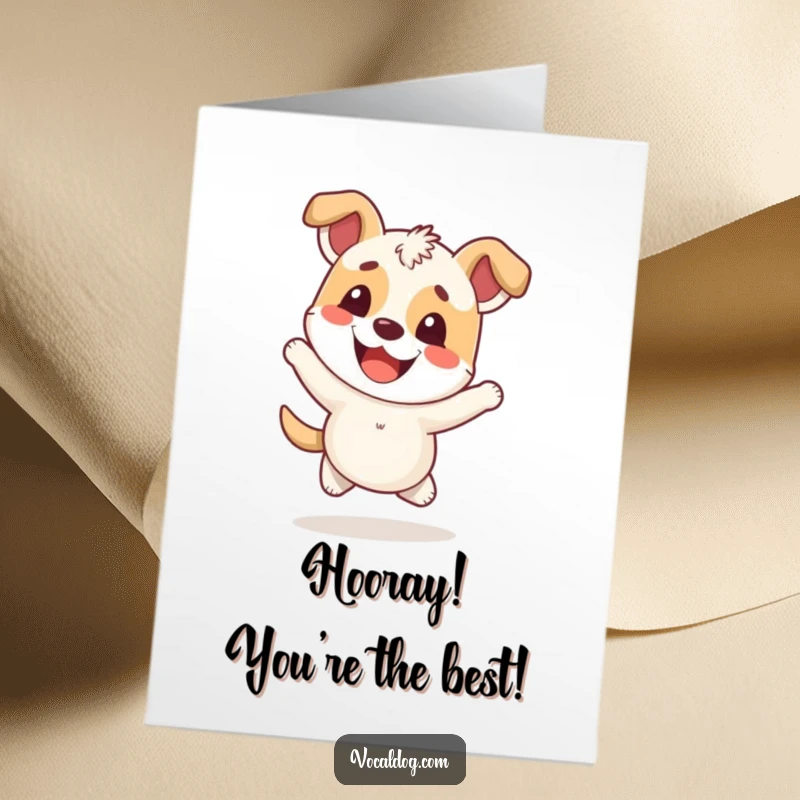 Funny Free Printable Congratulations Card: An overwhelmingly cheerful dog doing a happy hop, celebrating victory.