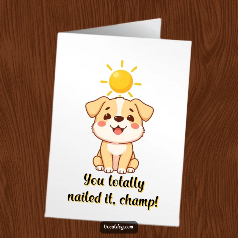 Funny Free Printable Congratulations Card: A cheerful dog with a radiant sunshine halo, perfect for celebrating any wonderful achievement.