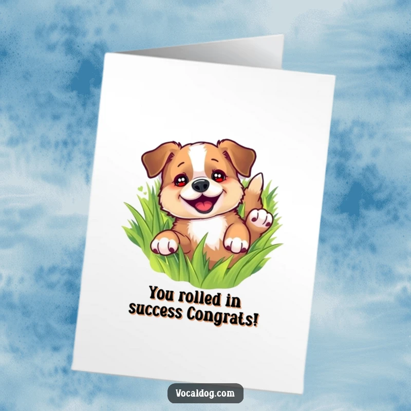 Free Printable congratulations card with a happy dog gleefully rolling in lush green grass, celebrating a big achievement.