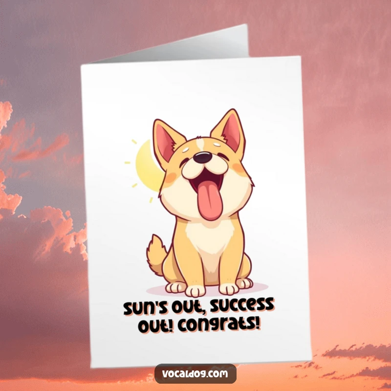 Free Printable congratulations card featuring a happy dog with head tilted up, panting contentedly in the bright sun.
