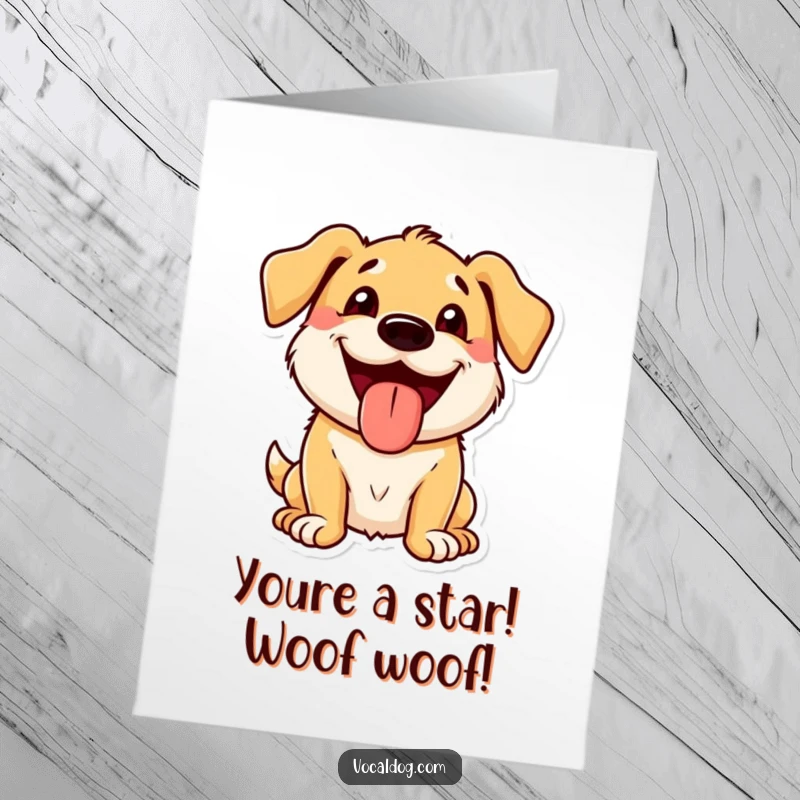 Funny Free Printable congratulations card featuring a dog with a wide, beaming grin and its tongue out, cheering them on.