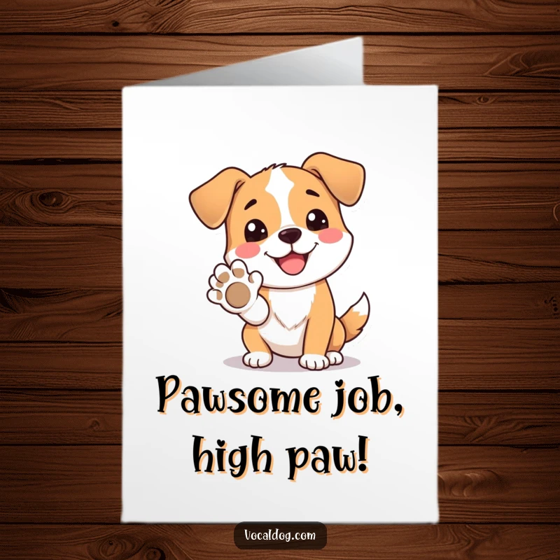 Funny Free Printable Congrats Card: A dog beams with happiness while extending its paw for a congratulatory gesture.
